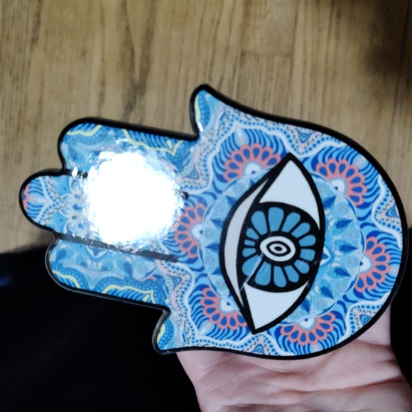 Hamsa Hand porcelain pink and blue 4 inches across and 5.75 long - Picture 2 of 5